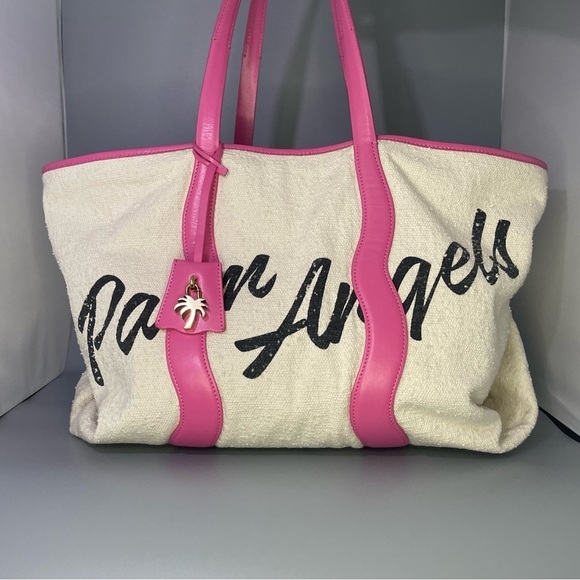 Palm Angels Pink Leather Logo Tote Bag Shoulder Carryall Large Display Model - Picture 1 of 16